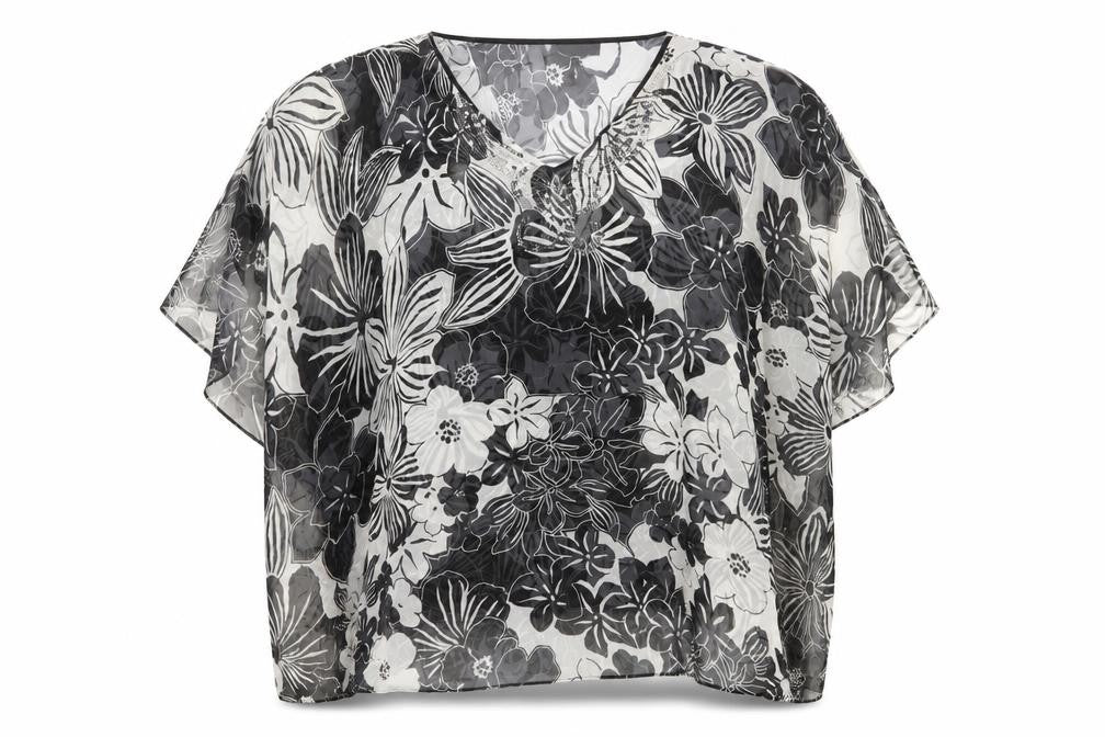 Anthony Studio Womens Black Floral Polyester Tunic Blouse Size S V-Neck - Beach Cover Up
