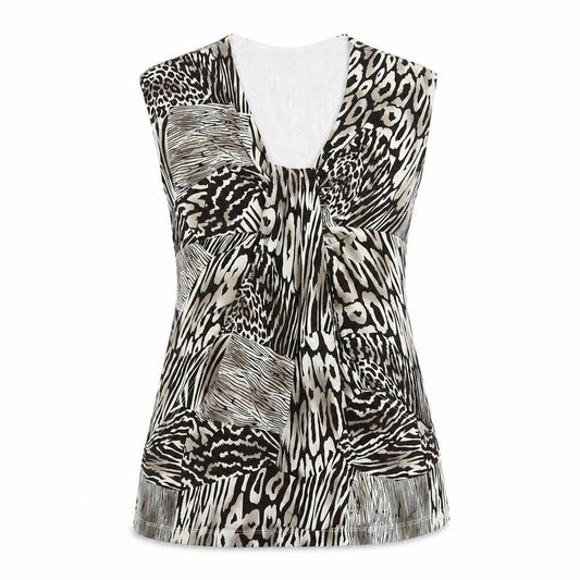 Front view of Attitudes women’s brown animal print polyester basic blouse, size L, v-neck