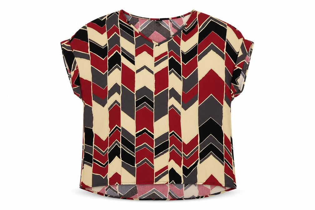 Front view of SHEIN women’s multicoloured geometric polyester basic blouse, size L, v-neck