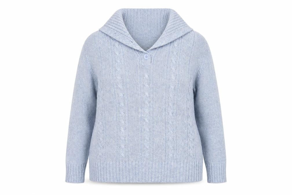 Front view of Pure & Natural women’s blue collared acrylic jumper, size UK 18