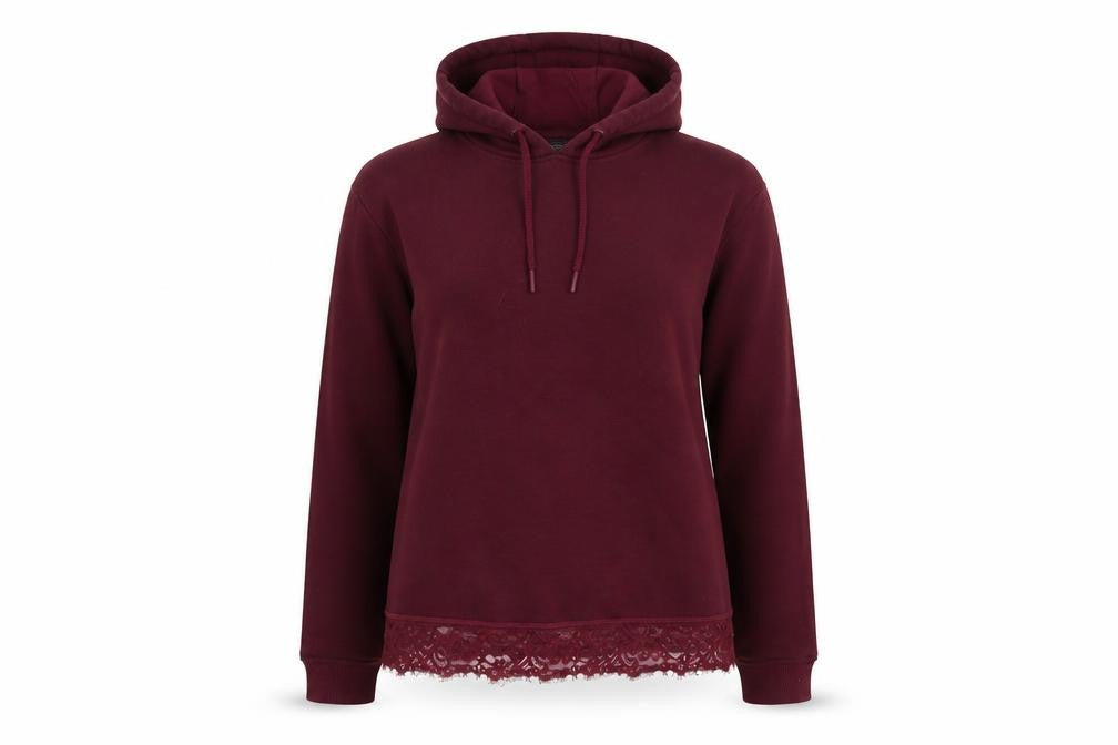 Front view of Primark women’s purple polyester pullover hoodie, size UK 8, pullover - lace detail