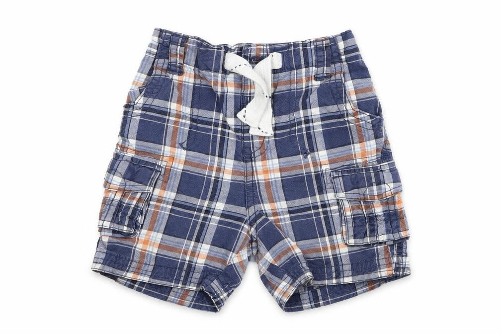 Front view of George boys’ blue plaid cotton cargo shorts, size 2, years regular drawstring