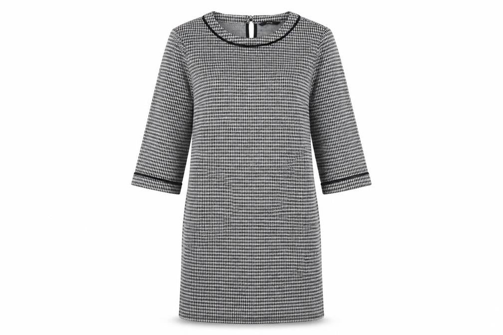 Front view of George women’s black houndstooth polyester shift, size UK 12, boat neck button