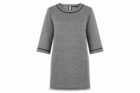 Front view of George women’s black houndstooth polyester shift, size UK 12, boat neck button