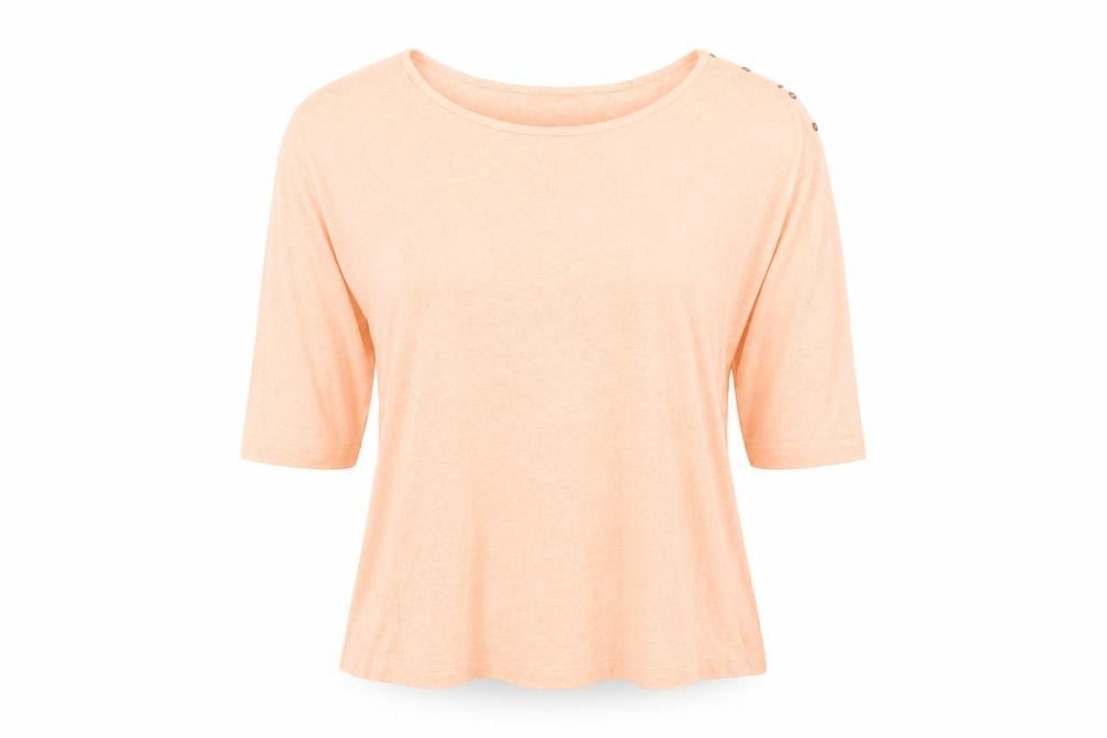Front view of H&M women’s pink cotton basic t-shirt, size UK 14, boat neck