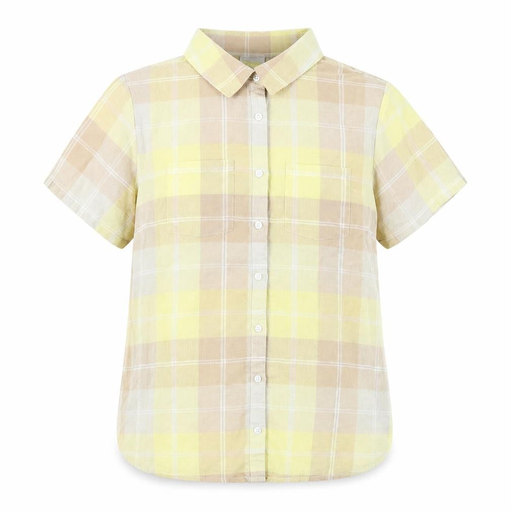 Front view of Damart boys’ yellow plaid 100% cotton basic button-up, size 14, years collared