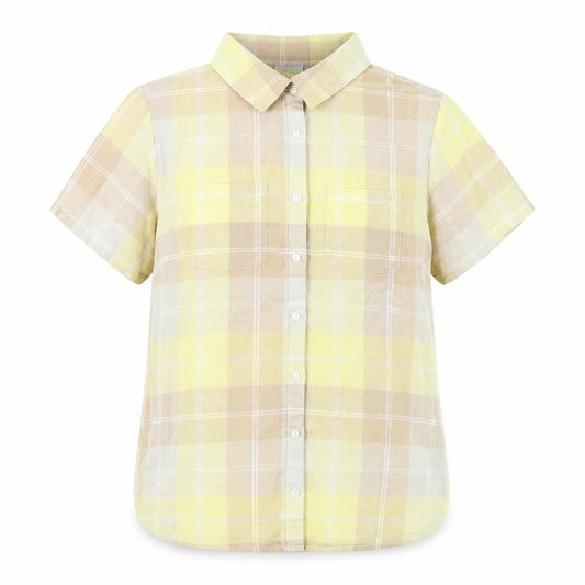 Front view of Damart boys’ yellow plaid 100% cotton basic button-up, size 14, years collared