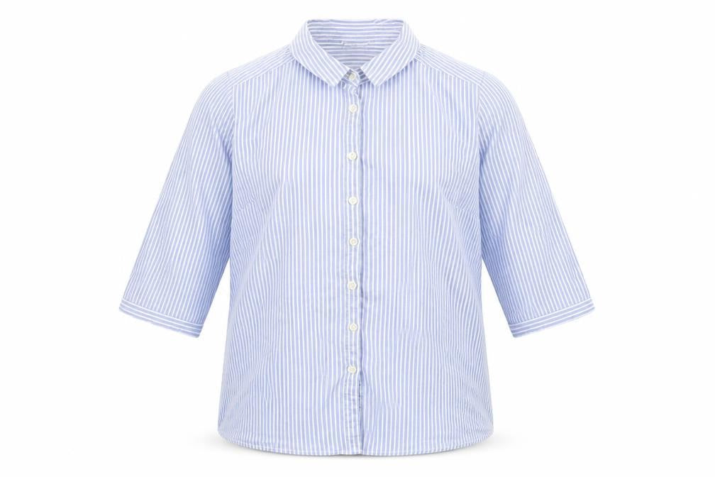Front view of Damart boys’ blue striped 100% cotton basic button-up, size 14, years collared