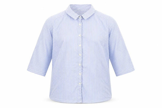 Front view of Damart boys’ blue striped 100% cotton basic button-up, size 14, years collared