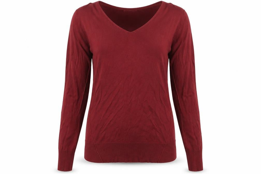 Front view of Next women’s brown v-neck viscose jumper, size UK 10