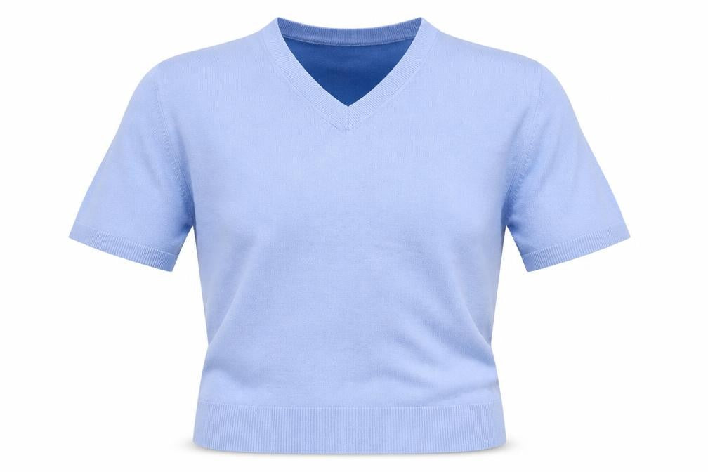 Front view of Marks & Spencer women’s blue v-neck viscose jumper, size UK 8