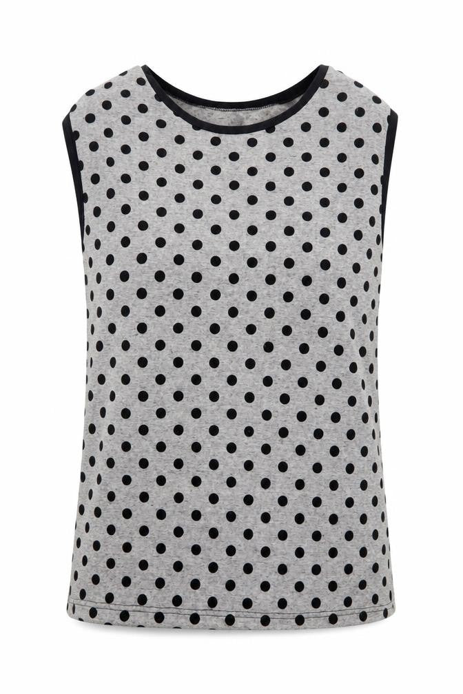 Front view of Miss Selfridge women’s grey polka dot polyester basic tank, size UK 10, round neck