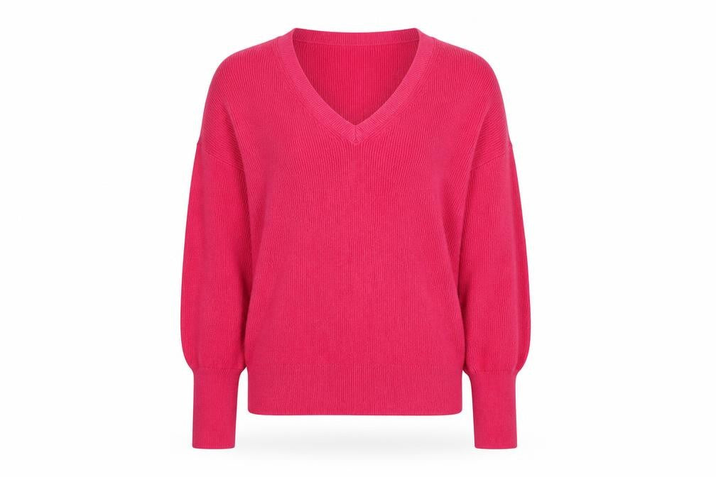 Front view of Marks & Spencer women’s pink v-neck polyester jumper, size XS