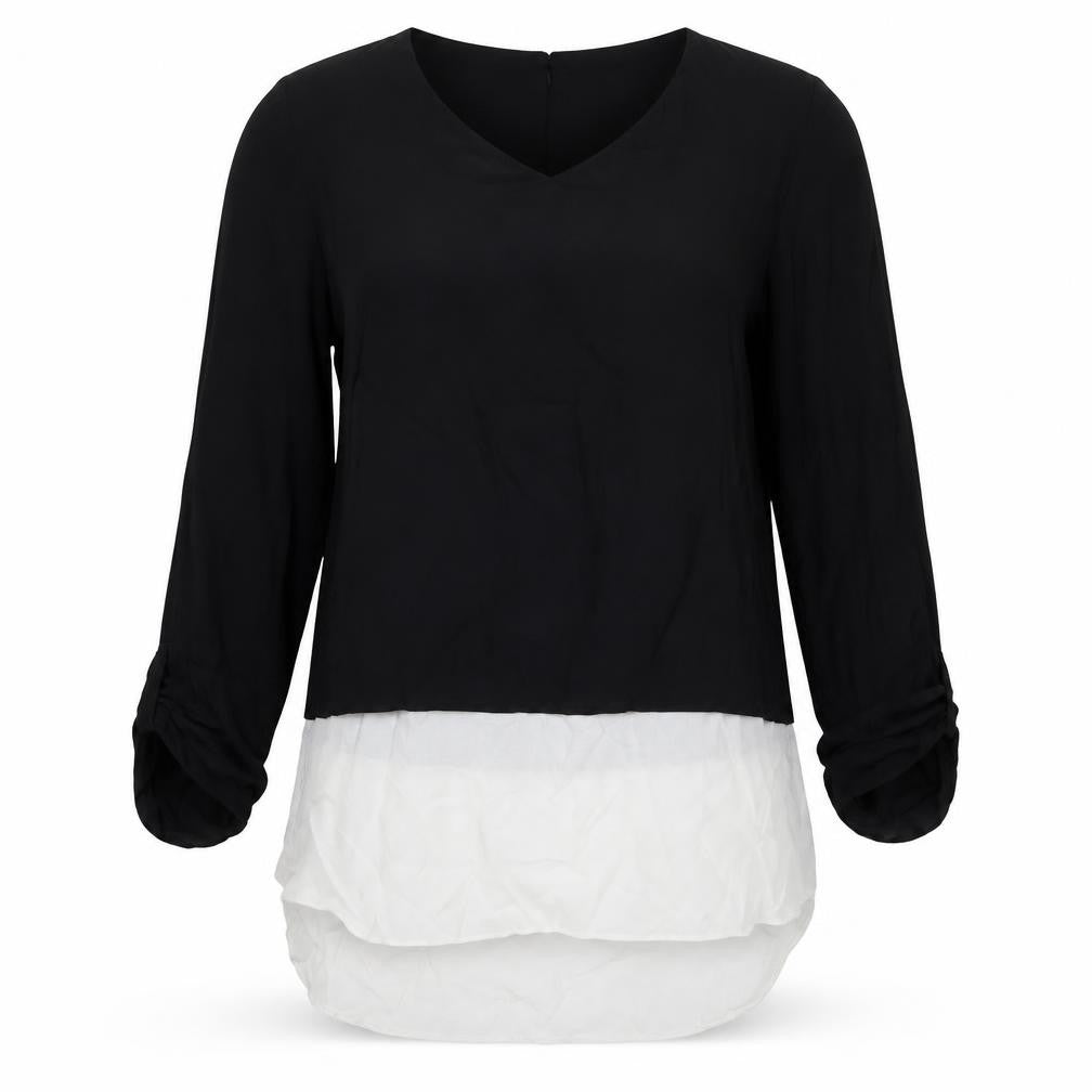 Front view of Papaya women’s black viscose basic blouse, size UK 12, v-neck