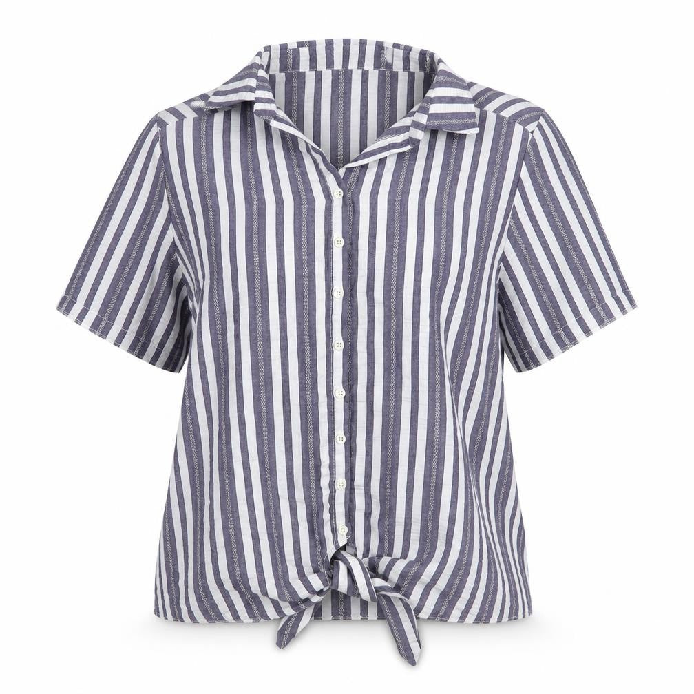 Front view of Gerard women’s blue striped polyester basic blouse, size UK 14, collared
