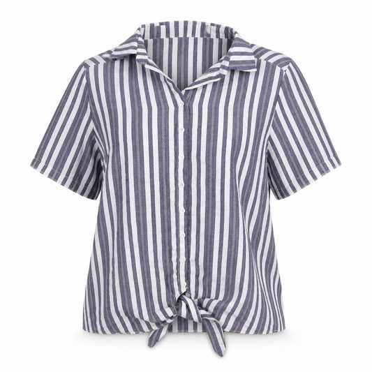 Front view of Gerard women’s blue striped polyester basic blouse, size UK 14, collared