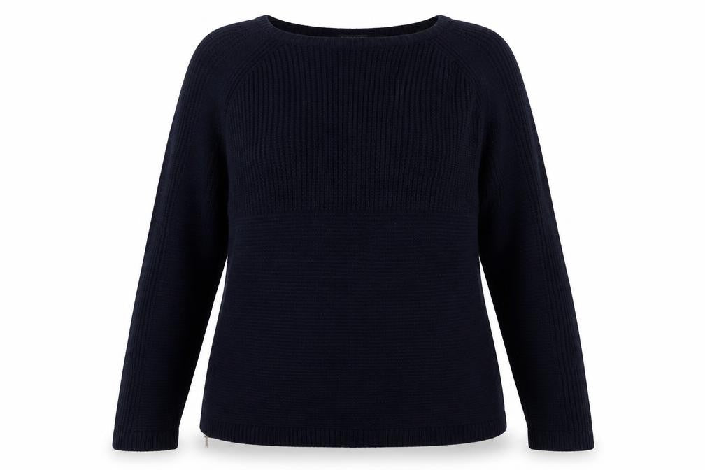Front view of Debenhams women’s blue round neck acrylic jumper, size UK 14