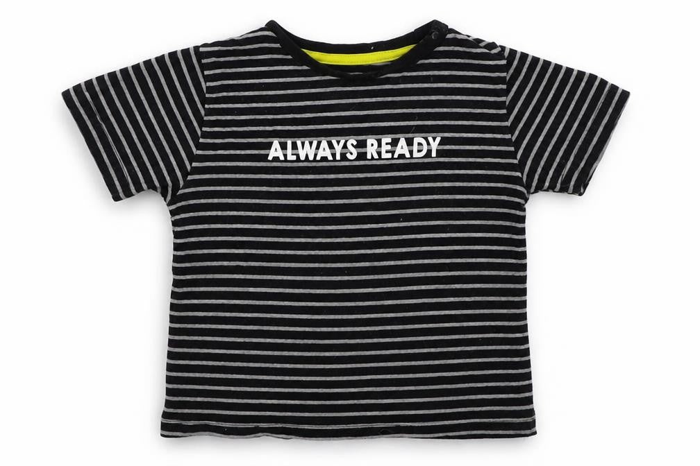 Front view of Jeff & Co boys’ grey striped cotton basic t-shirt, size 18-24, months crew neck pullover - always ready