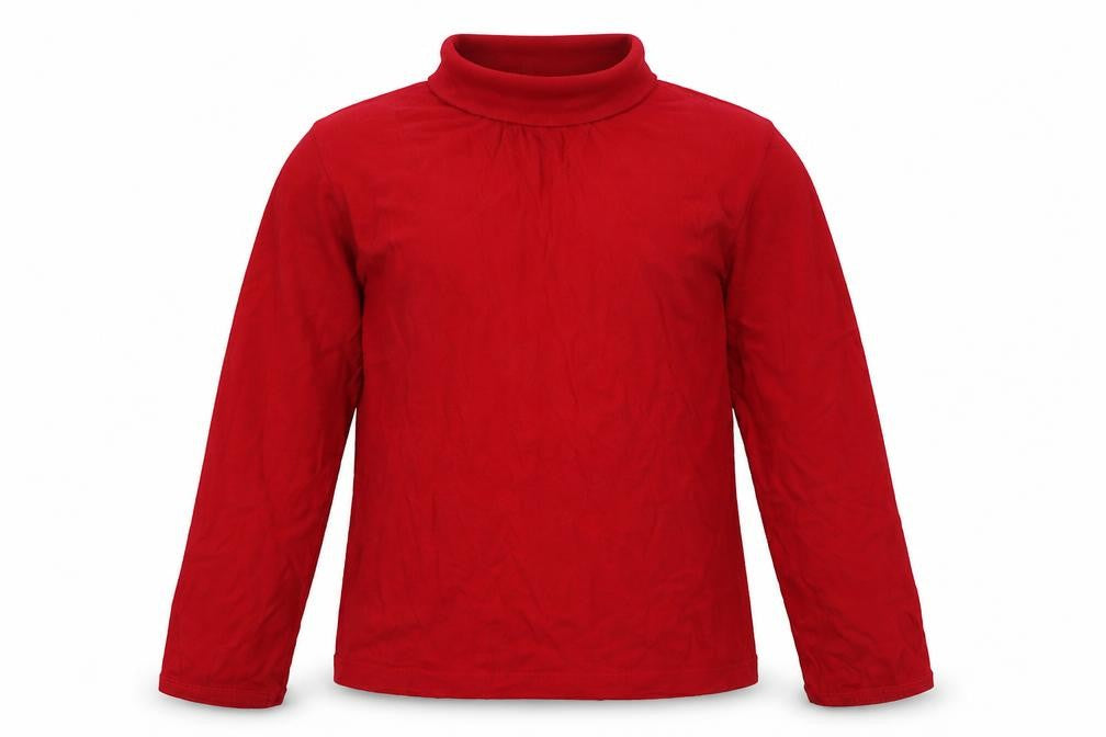 Front view of Dunnes girls’ red cotton basic t-shirt, size 8, years roll neck pullover