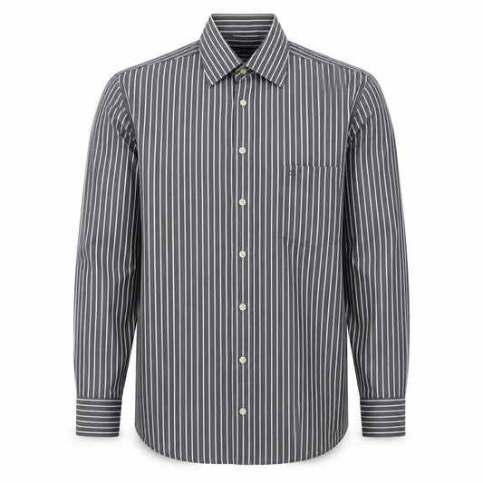 Front view of CASAMODA men’s grey striped cotton button-up, size L, collared button