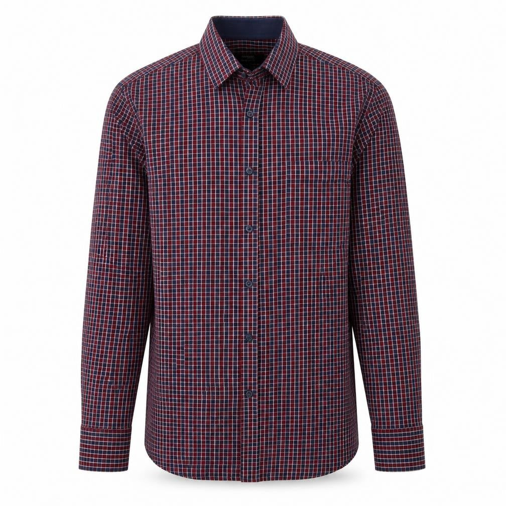 Front view of Dunnes men’s red check cotton button-up, size S, collared button