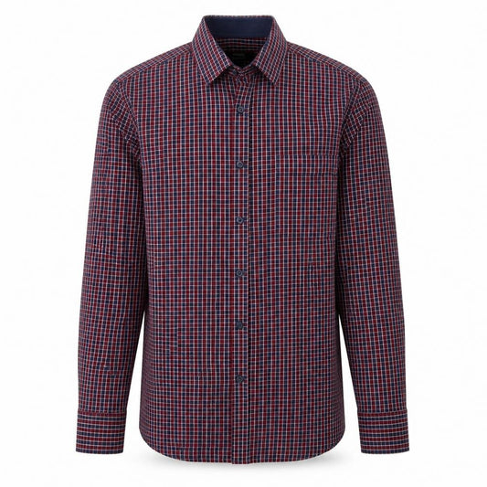 Front view of Dunnes men’s red check cotton button-up, size S, collared button