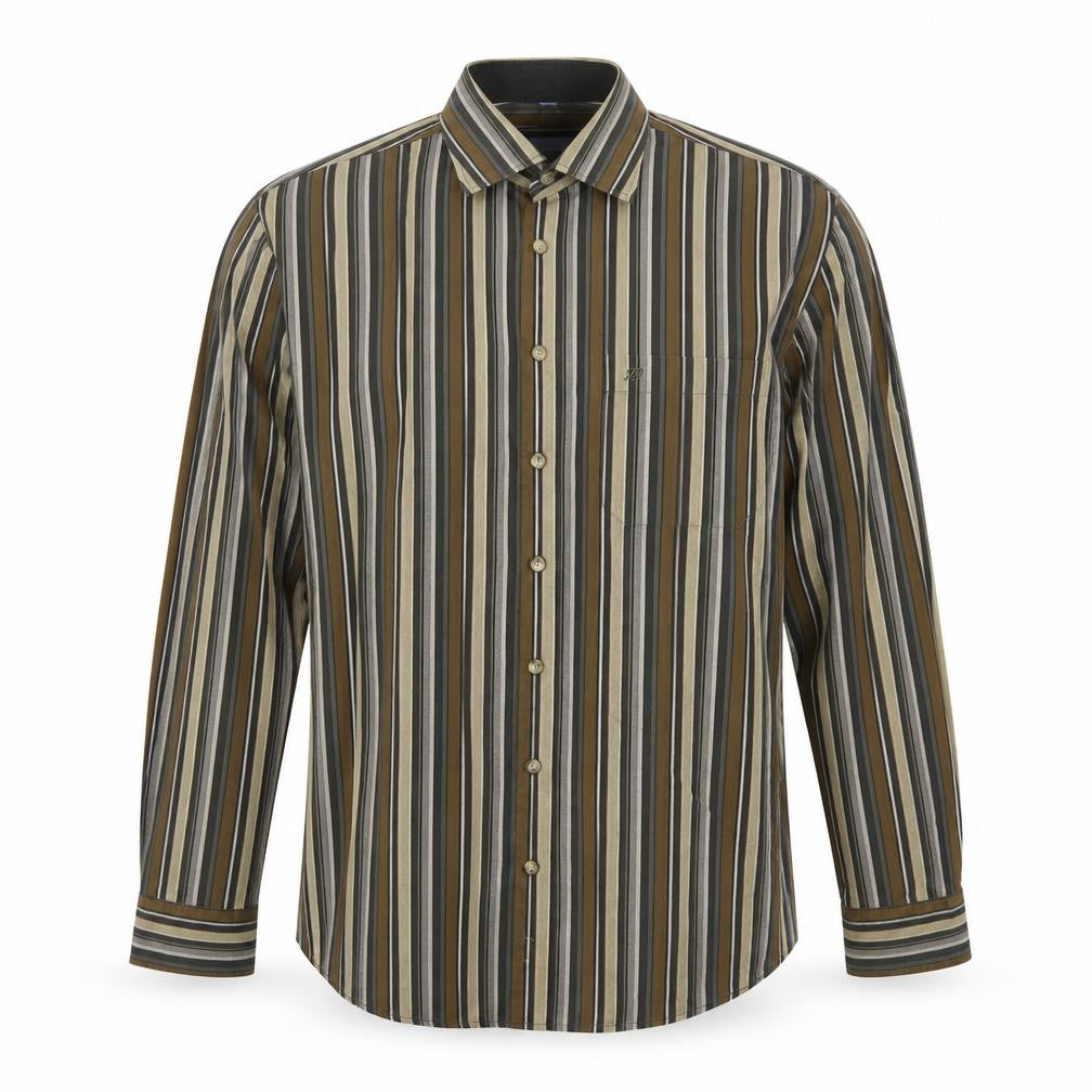 Front view of Jean Chatel men’s brown striped cotton button-up, size M, collared button
