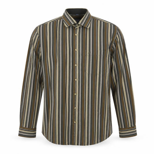 Front view of Jean Chatel men’s brown striped cotton button-up, size M, collared button