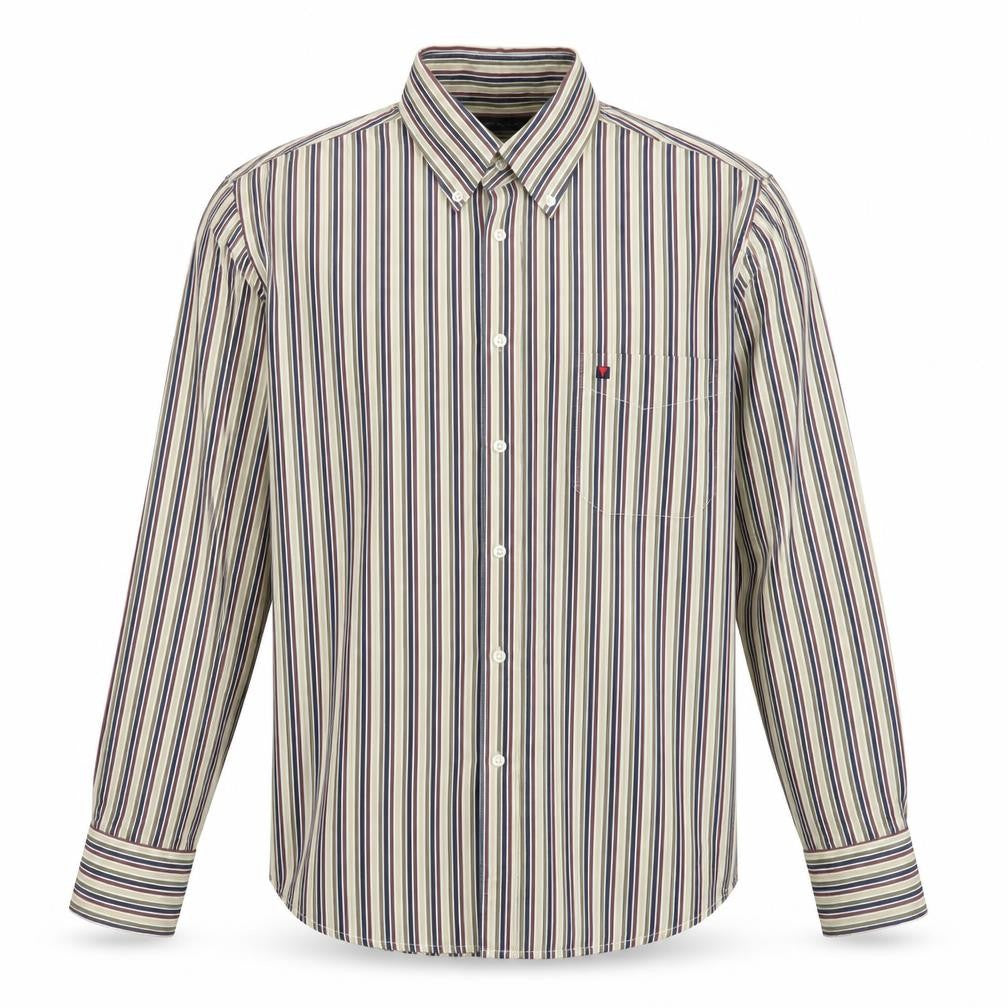 Front view of Tricot Marine men’s beige striped cotton button-up, size M, collared button