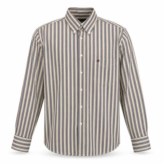 Front view of Tricot Marine men’s beige striped cotton button-up, size M, collared button