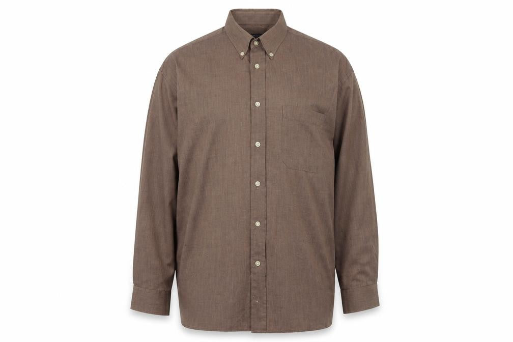 Front view of Double TWO men’s brown polyester button-up, size 15.5 collared button