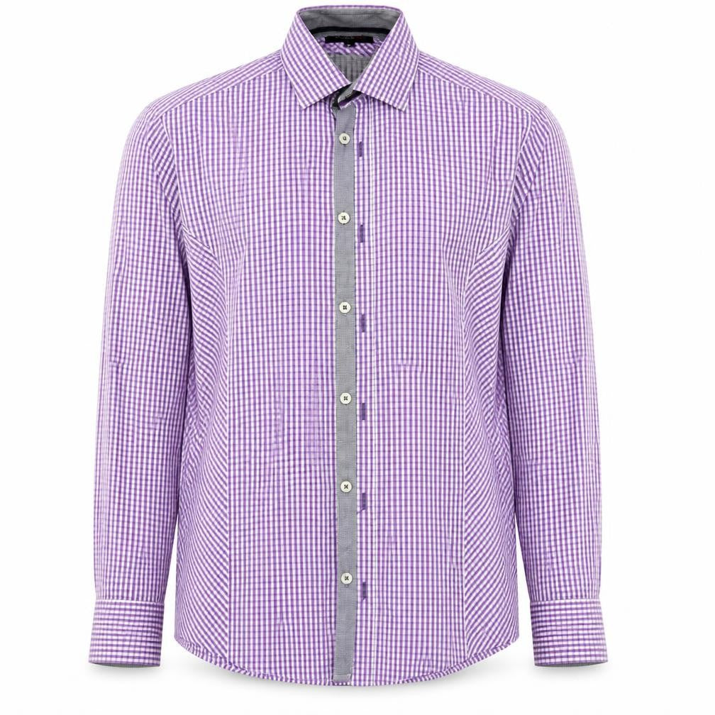 Front view of Remus Uomo men’s purple check cotton button-up, size M, collared button