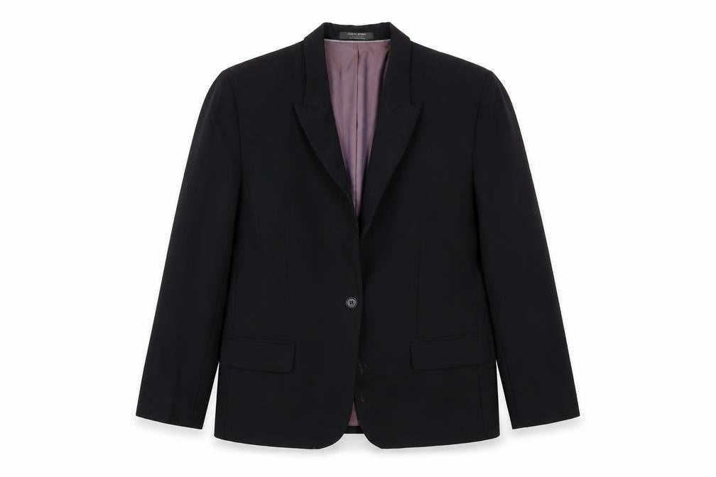 Front view of Simon Jersey women’s black polyester jacket suit jacket, size UK 14