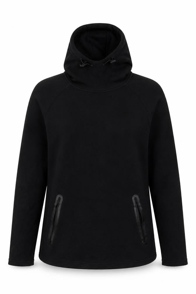 Front view of Kyodan women’s black cotton pullover hoodie, size S, pullover