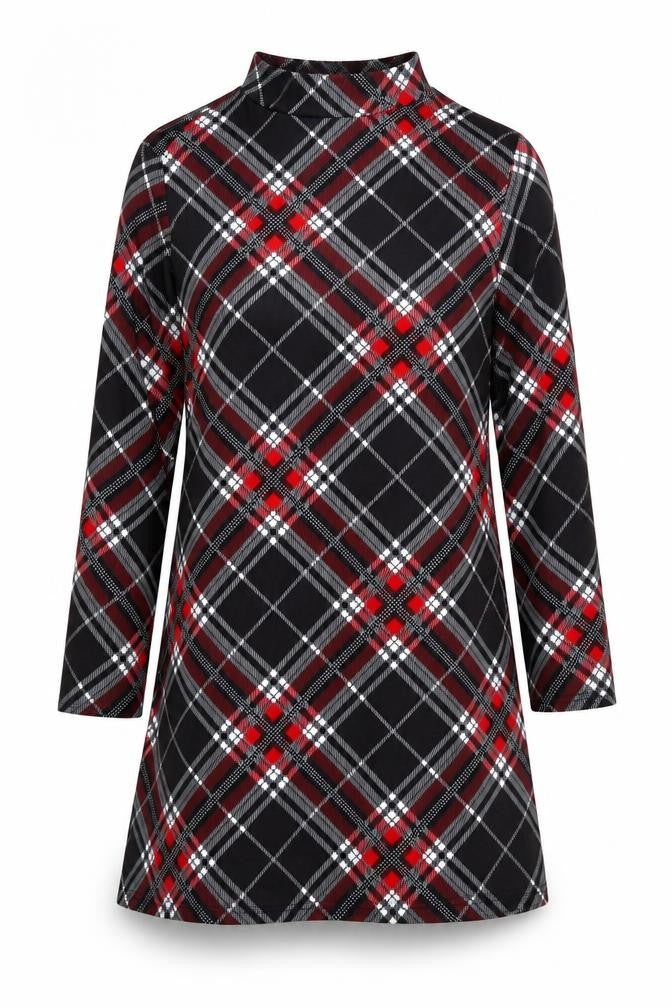 Front view of women’s red plaid cotton a-line, size M, mock neck pullover