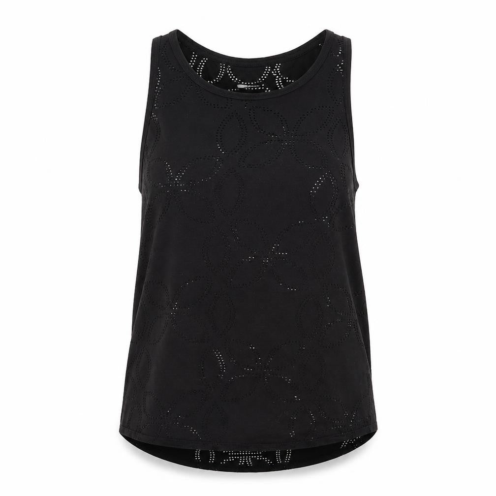 Front view of H&M women’s black floral polyester jersey tank, size M, round neck