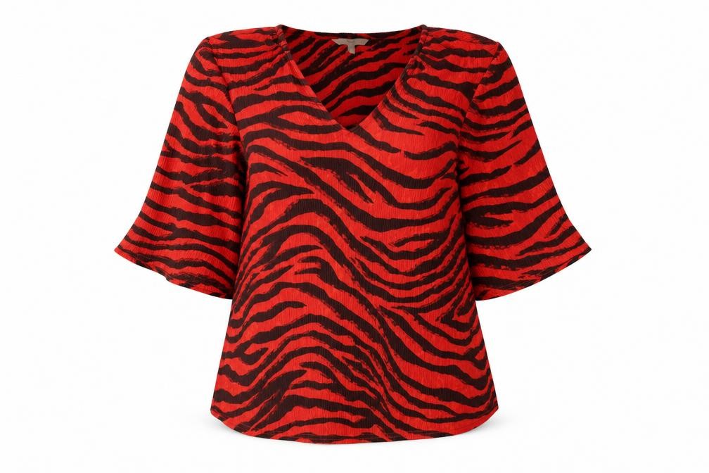Front view of Next women’s red animal print polyester basic blouse, size UK 10, v-neck