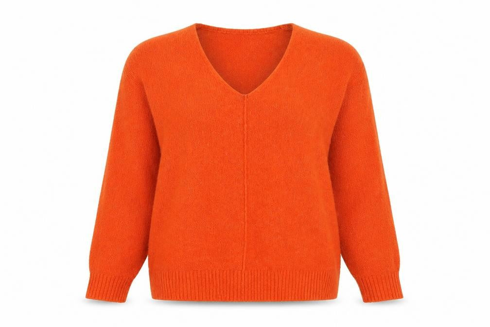 Front view of H&M women’s orange v-neck acrylic jumper, size S