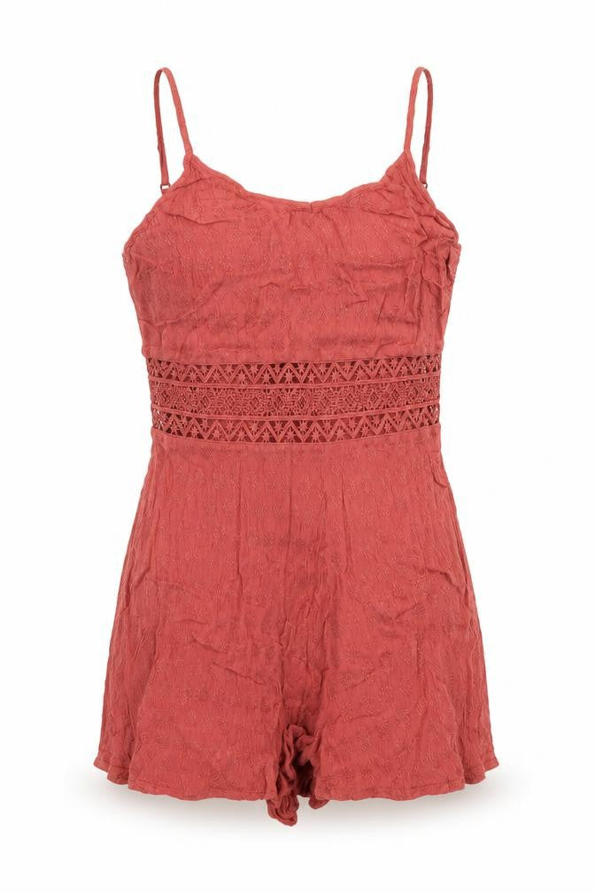 Front view of Primark women’s red viscose playsuit one-piece, size UK 6, 3-inch leg pullover