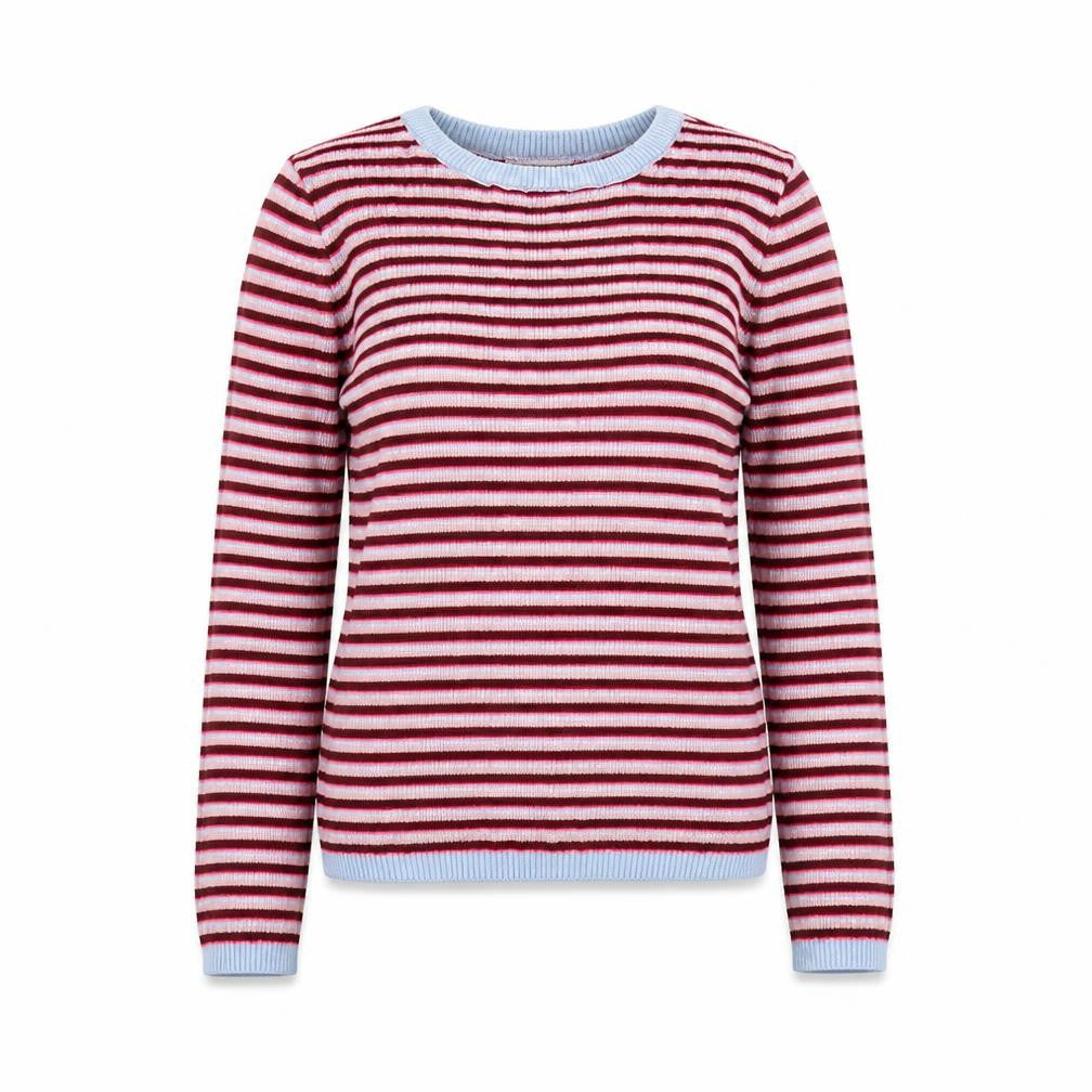 Front view of Primark women’s purple round neck striped polyester jumper, size UK 12