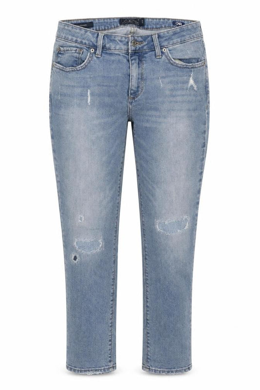 Front view of Lucky Brand women’s blue cotton capri jeans, size UK 10, 26-inch leg regular
