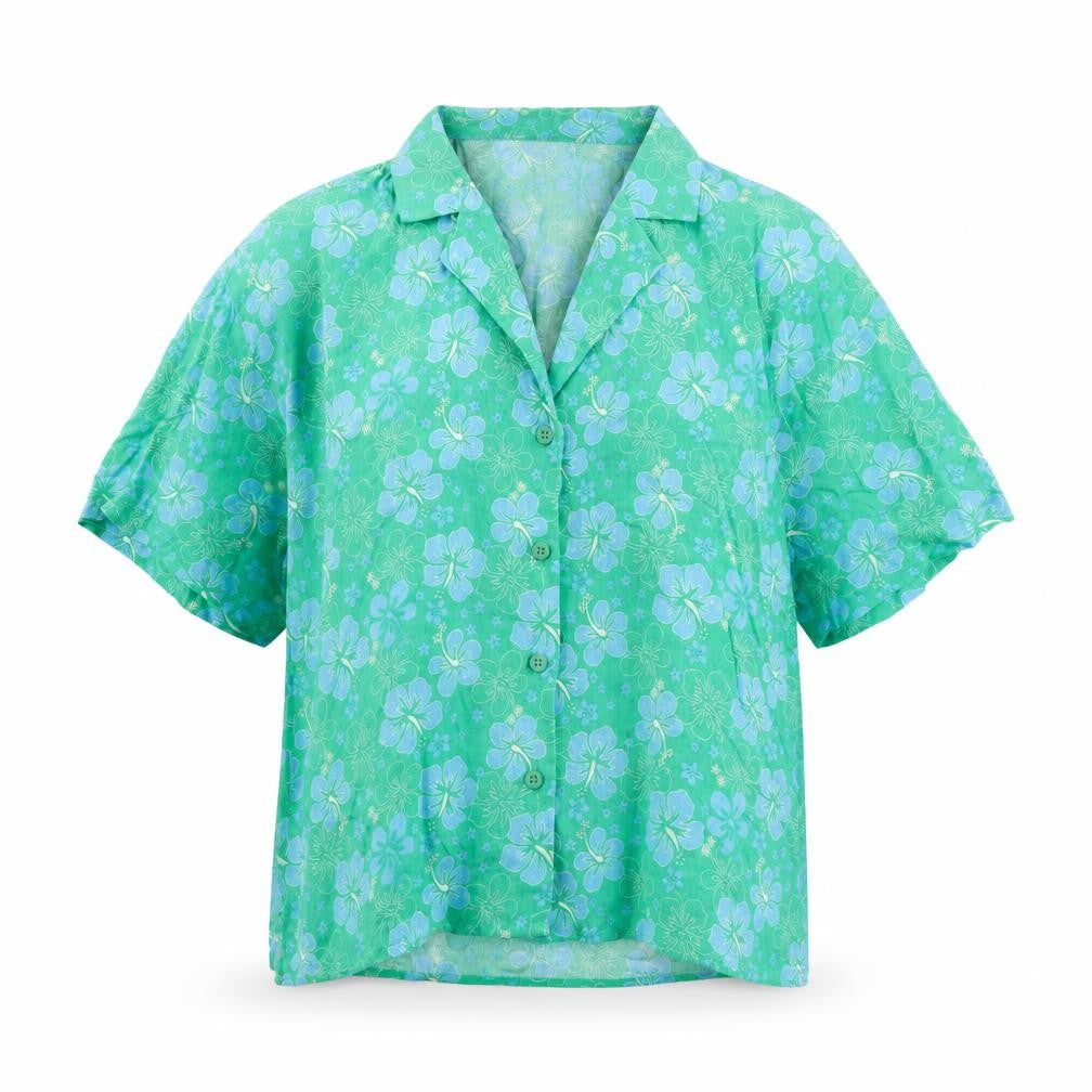 Front view of Primark women’s green floral viscose basic button-up, size UK 6, v-neck