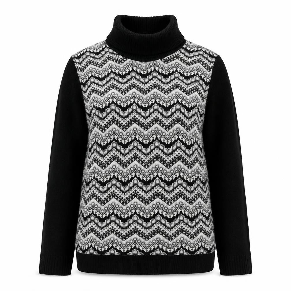 Front view of Lizzi women’s black roll neck geometric acrylic jumper, size M