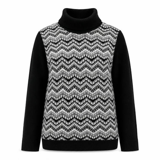 Front view of Lizzi women’s black roll neck geometric acrylic jumper, size M