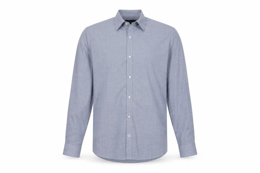 Front view of F&F men’s blue polyester button-up, size 15, collared