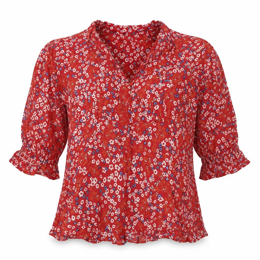 Front view of Dunnes women’s red floral viscose basic blouse, size M, round neck