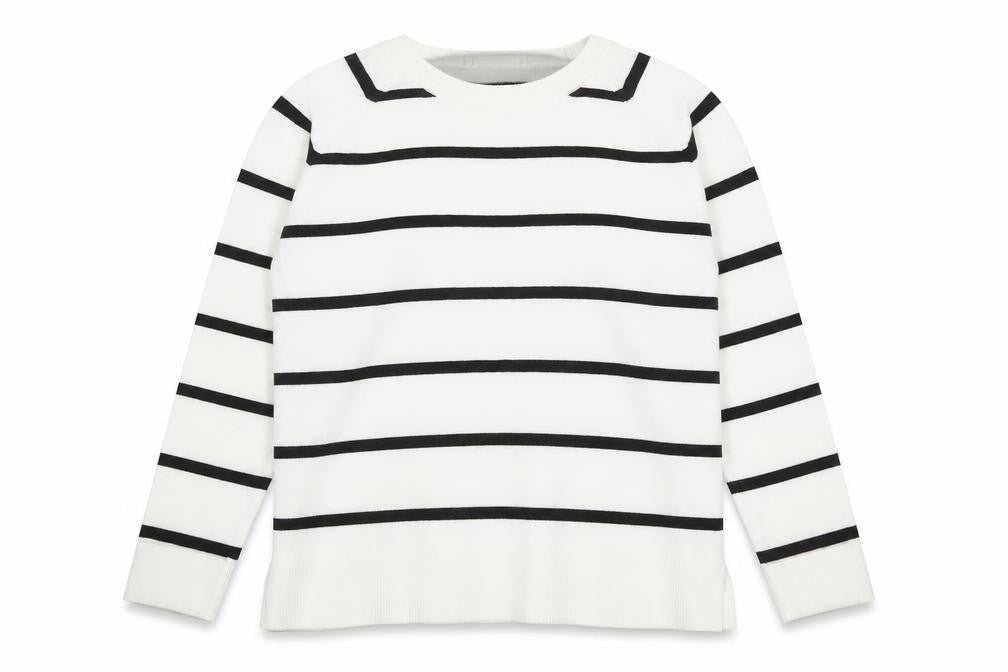 Front view of Primark women’s white round neck striped polyester jumper, size UK 6