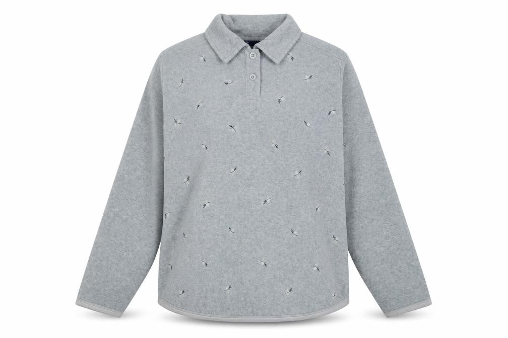 Front view of Dash women’s grey collared geometric polyester jumper, size UK 12