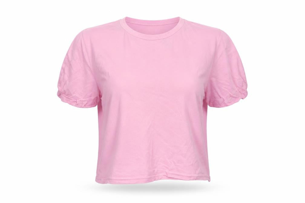 Front view of PRETTYLITTLETHING women’s pink viscose basic t-shirt, size UK 8, round neck