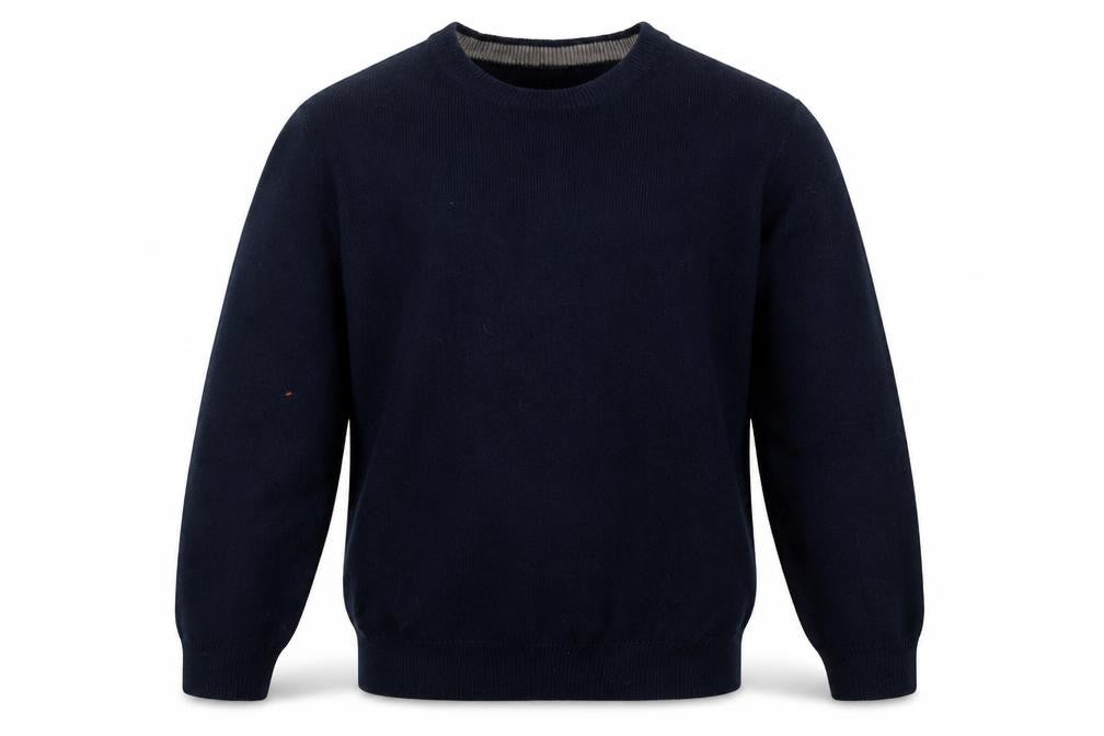Front view of HENRY BARROWS men’s blue round neck acrylic jumper, size L